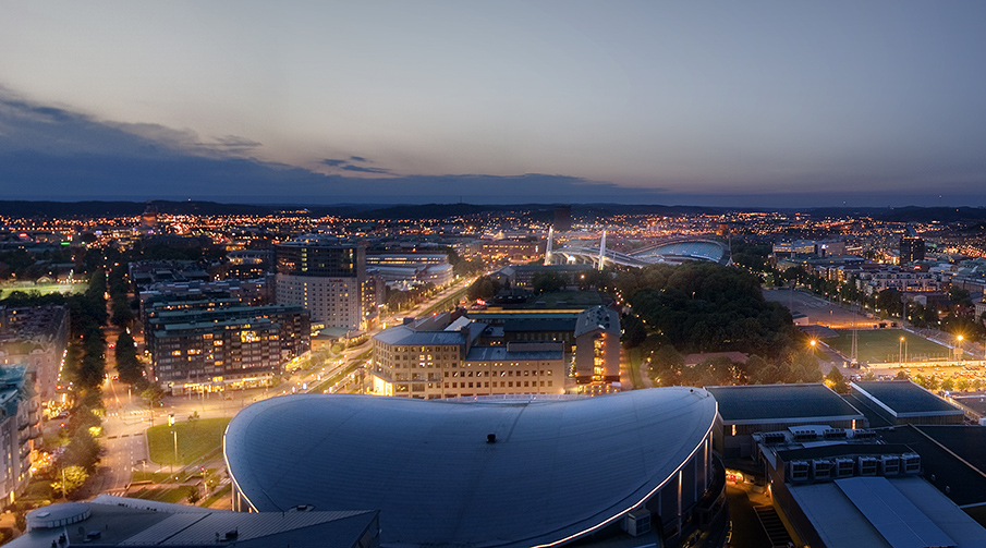 Stadsvy där en evenemangsstråket med Gamla Ullevi, Scandinavium, Ullevi, Valhalla IP, Valhalla Sporthallar och Valhallabadet.
